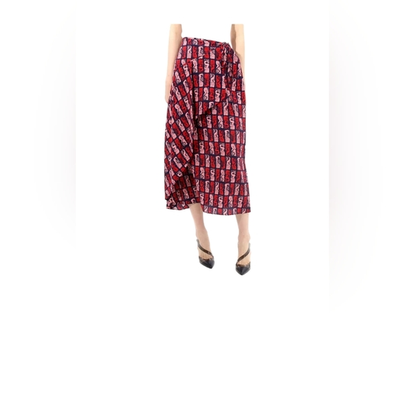 Kenzo Woman's Midnight Blue Mermaid Print Midi Wrap Skirt in Red Size US 6 - Picture 2 of 11